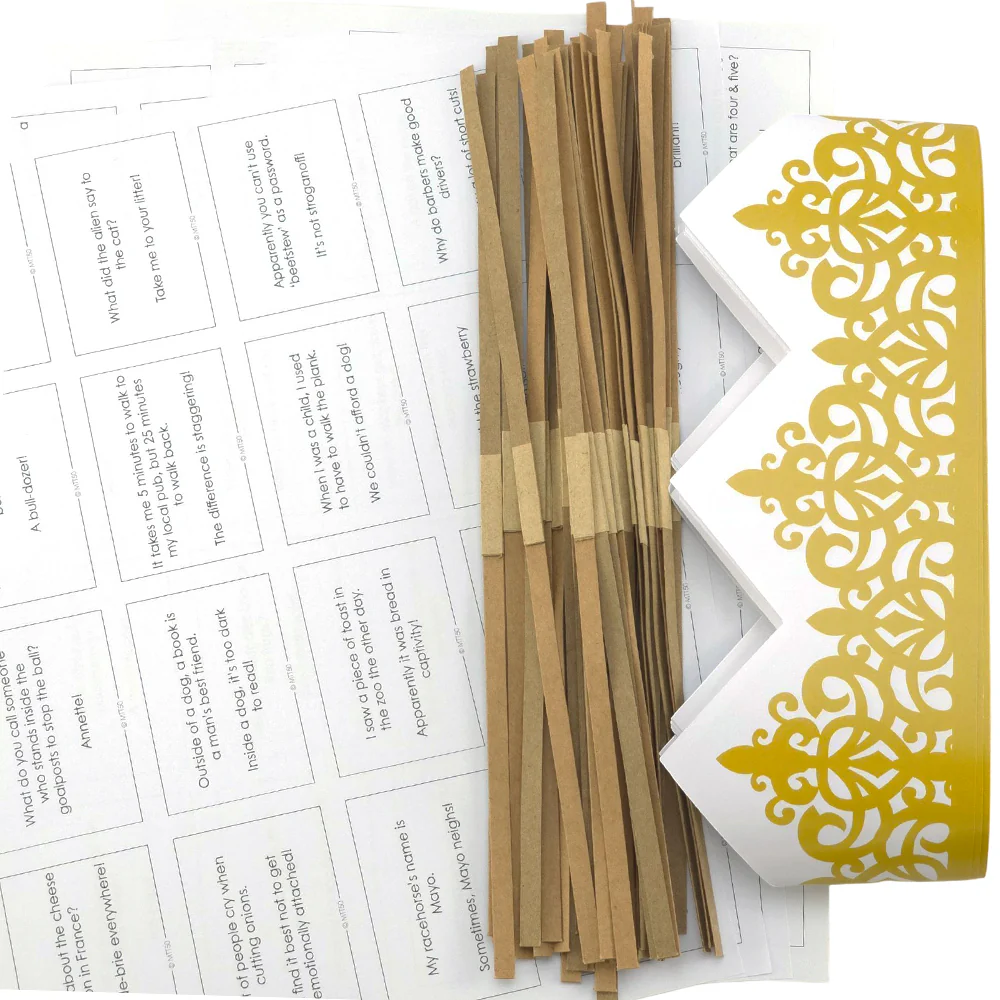 Gold Adjustable Paper Hats, Jokes and Cracker Snaps | DIY Cracker Accessory Pack - Image 3