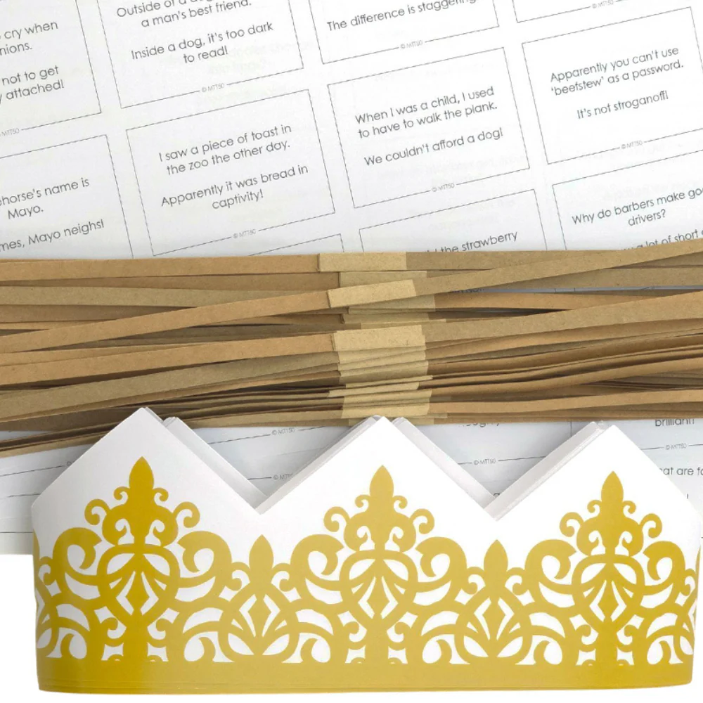 Gold Adjustable Paper Hats, Jokes and Cracker Snaps | DIY Cracker Accessory Pack - Image 4