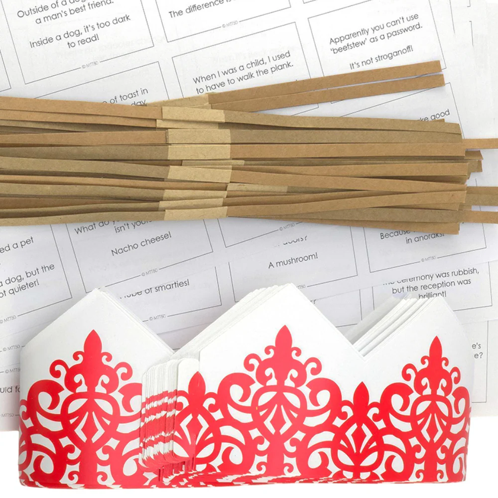 Red Adjustable Paper Hats, Jokes and Optional Snaps | DIY Cracker Accessory Pack - Image 6