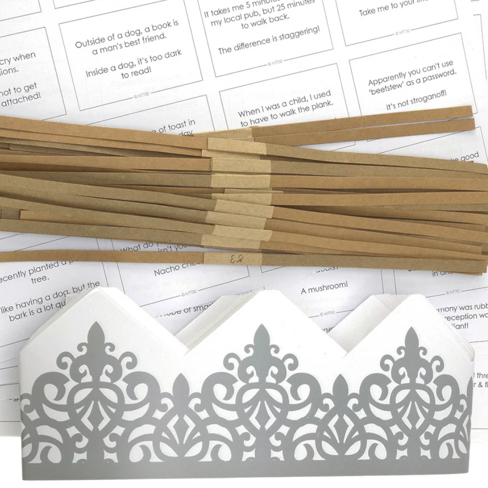 Silver Adjustable Paper Hats, Jokes and Cracker Snaps | DIY Cracker Accessory Pack - Image 4